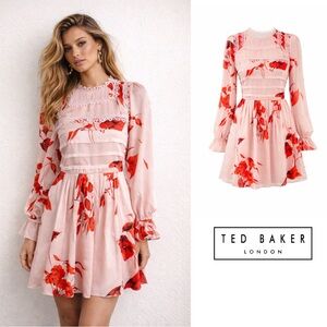 NEW Ted Baker Fantasia lace Trim Cream and Red Floral Dress